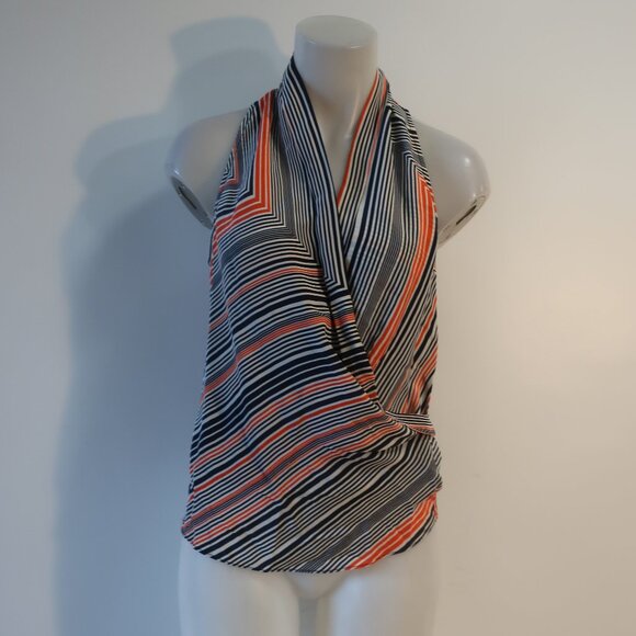 Womens Trina Turk 100% Silk Orange, White, Black Striped Crossover Tank Blouse S - Picture 1 of 9